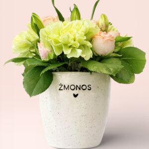 GYVŲ GĖLIŲ PUOKŠTĖ KERAMIKINIAME PUODELYJE